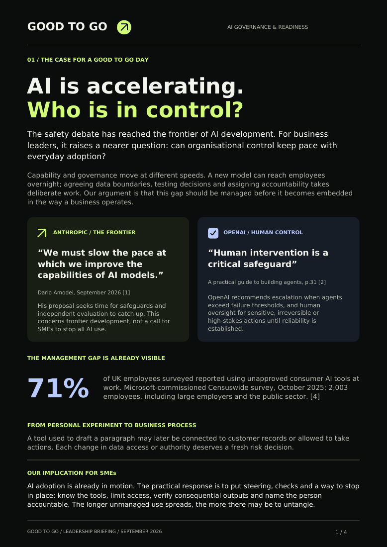 Preview of the GOOD TO GO briefing: AI is accelerating. Who is in control?